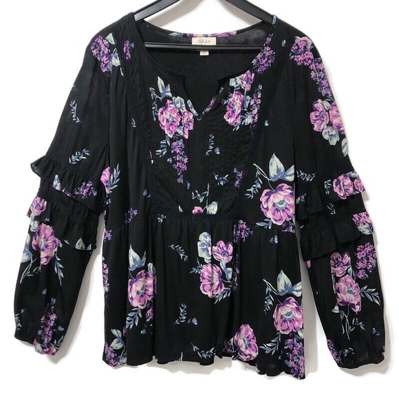 STYLE & CO Black Floral Ruffle Sleeve Boho Top XL - Picture 3 of 16